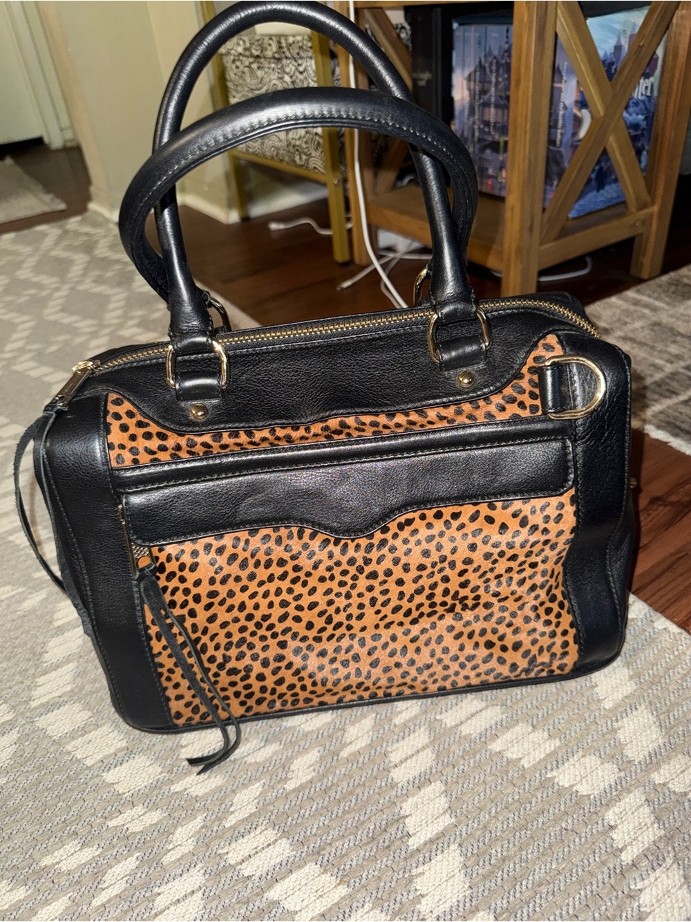 Rebecca Minkoff Black and Tan Leopard-Print Satchel Handbag MAM - crossbody